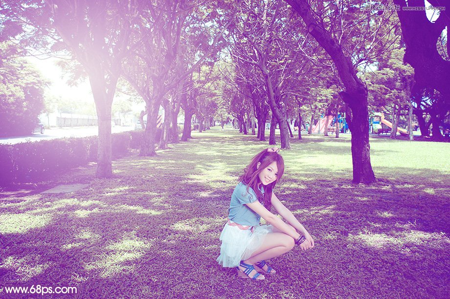 photoshop调出夏季树下美女绚丽紫色效果,PS教程