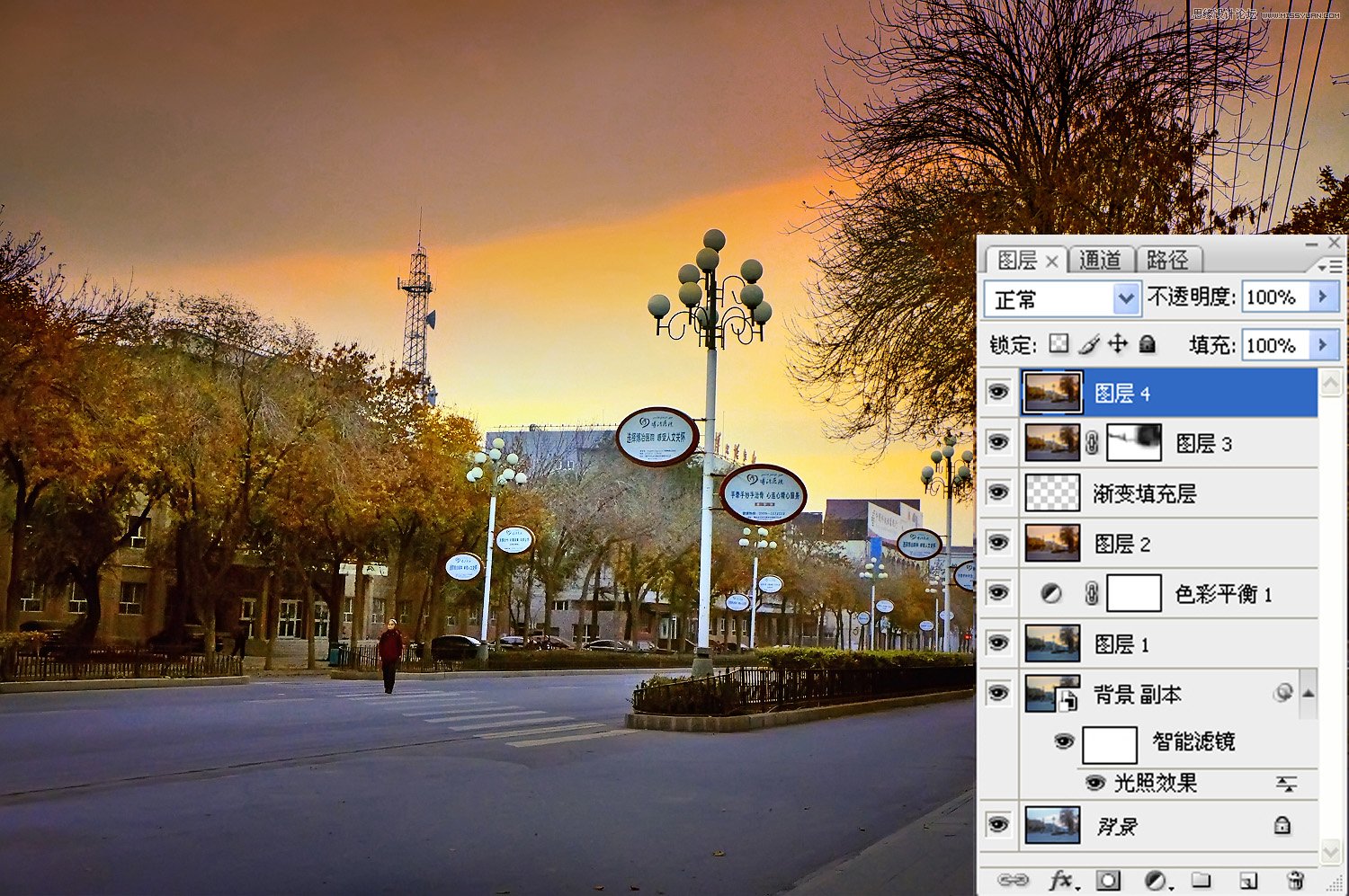 Photoshop调出街景照片温馨的早晨色调