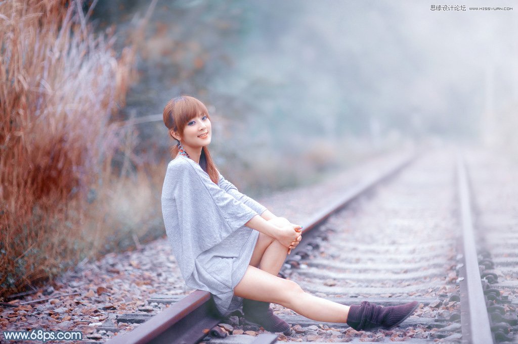 photoshop调出铁轨上美女唯美柔色效果,PS教程