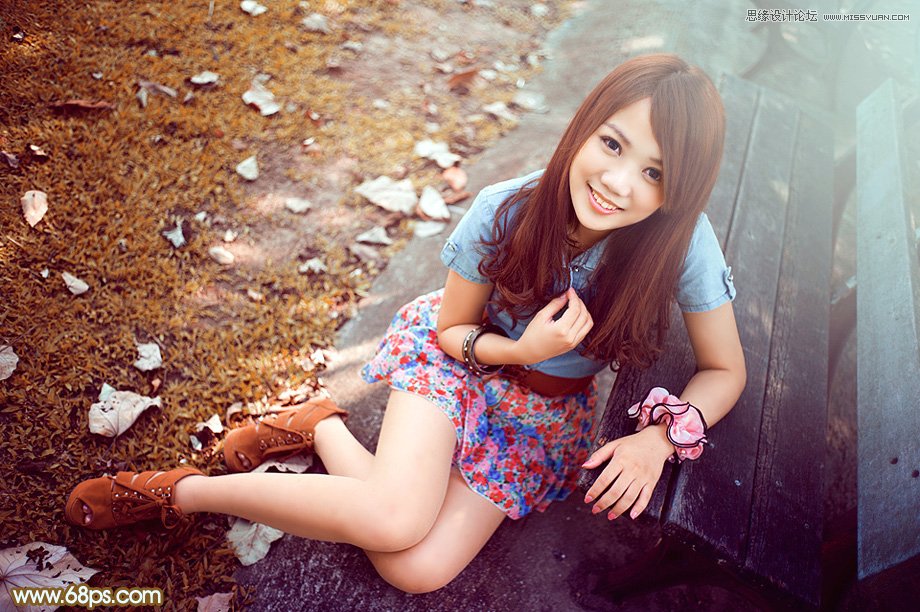 photoshop给公园美女添加秋季淡黄色调,PS教程
