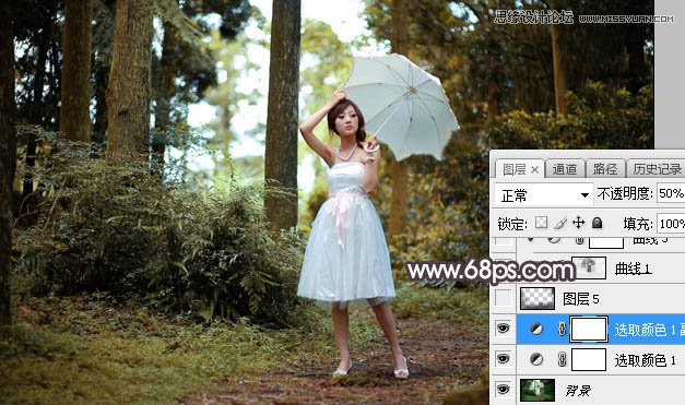 Photoshop给森林美女人像添加唯美夕阳景色