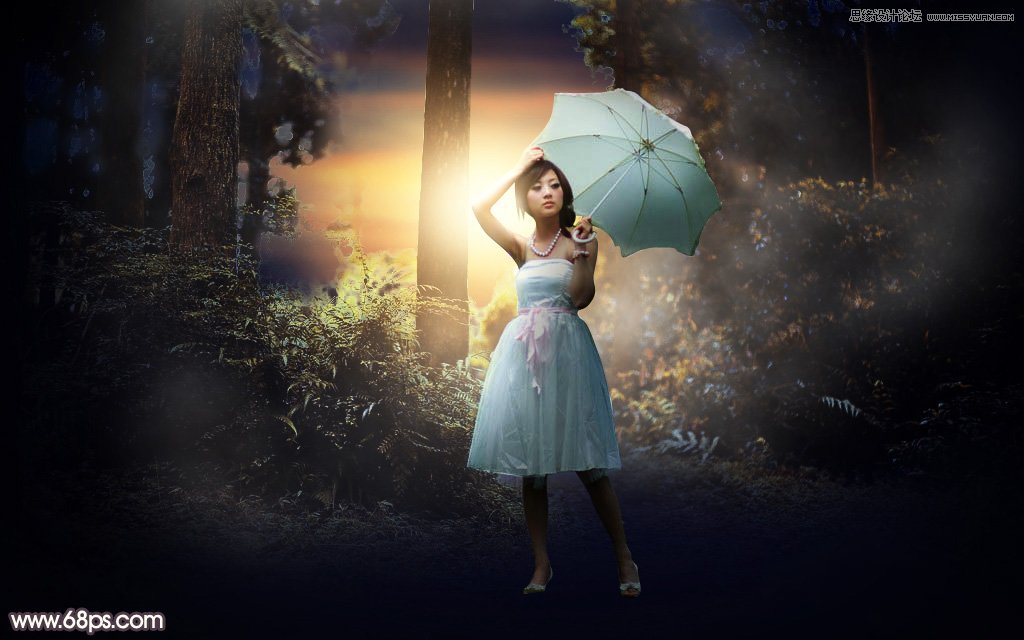 photoshop给森林美女人像添加唯美夕阳景色