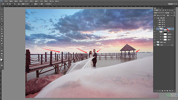 Photoshop给海边码头照片添加夕阳云彩效果