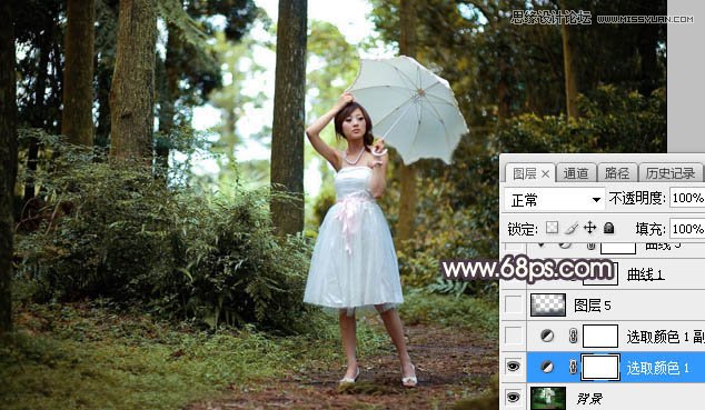 Photoshop给森林美女人像添加唯美夕阳景色