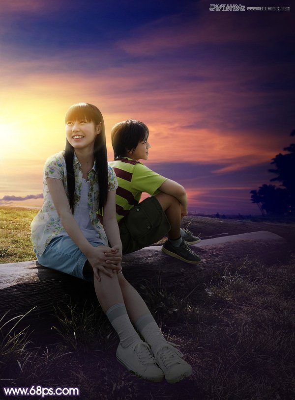 photoshop给外景情侣照片添加夕阳美景效果