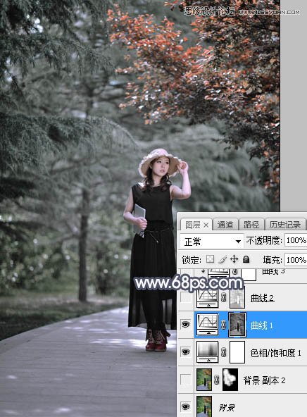 PS人物调色调出唯美冷色艺术效果的公园女孩