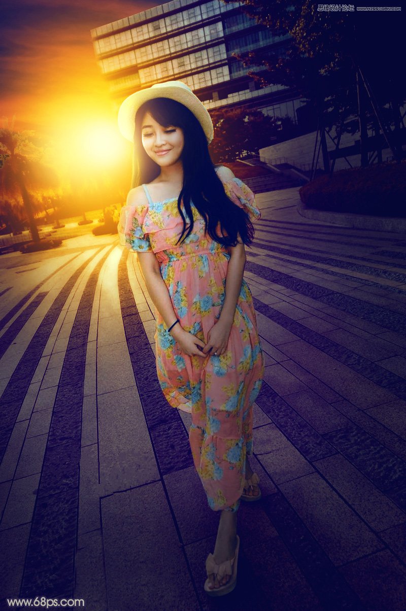 photoshop给公园外景人像添加夕阳光效效果