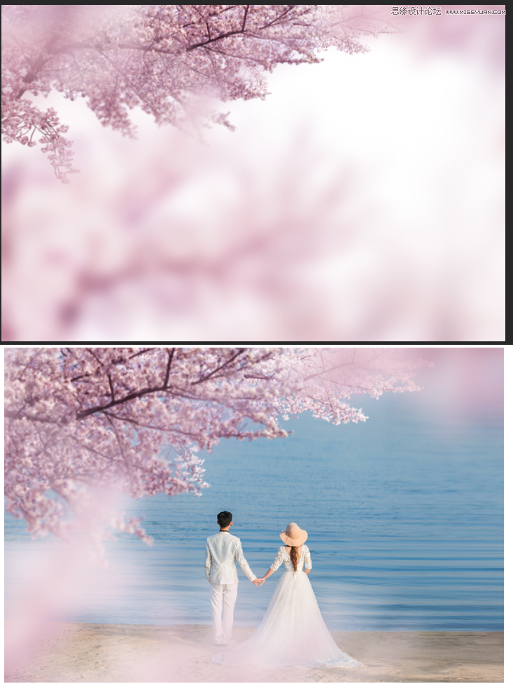 Photoshop合成唯美的樱花树下婚纱照片教程