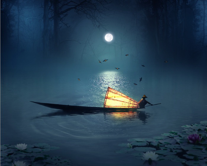 Photoshop合成在月色下停泊的小船场景,PS教程,