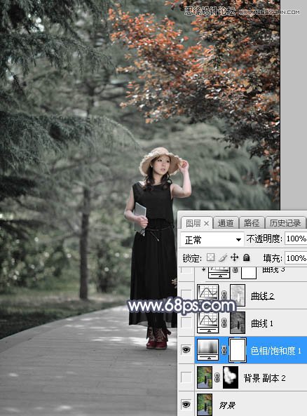 PS人物调色调出唯美冷色艺术效果的公园女孩
