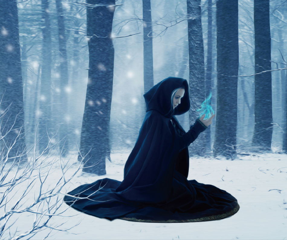 Photoshop合成在冬季森林中施展魔法的巫师,PS教程,