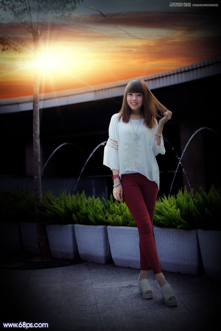 photoshop给人像照片添加唯美的夕阳景色