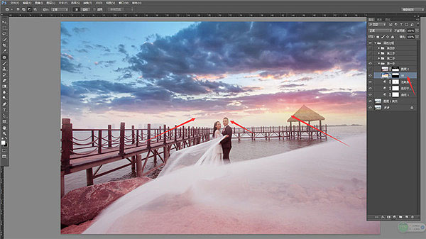 Photoshop给海边码头照片添加夕阳云彩效果